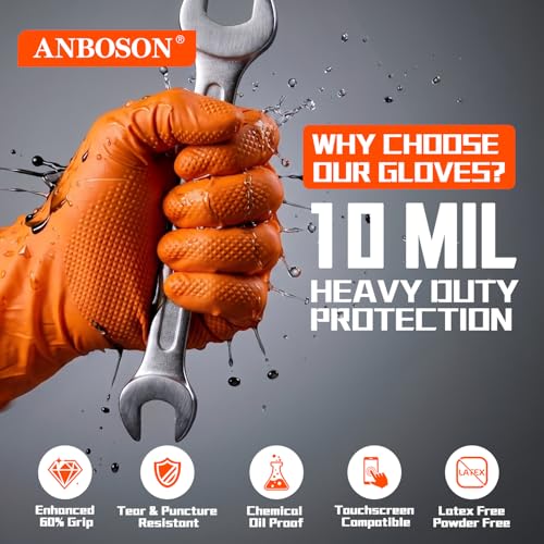 ANBOSON 10 Mil Heavy Duty Mechanic Nitrile Gloves, Large Orange 100 Count - color: Orange-100, size: Large