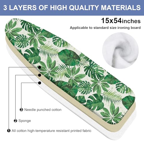 Floral Ironing Board Cover and Pad 15x54 Inch, 100% Cotton Surface Durable Iron Cover, Standard Size Ironing Board Covers, with Elastic Edge & 2 Hook & Loop Fastener Straps for Easy Installation - color: Floral01