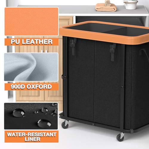 Laundry Basket with Wheels,190L Leather Patchwork Laundry Hamper 2 Setion - color: Black, size: 2 Section-190L
