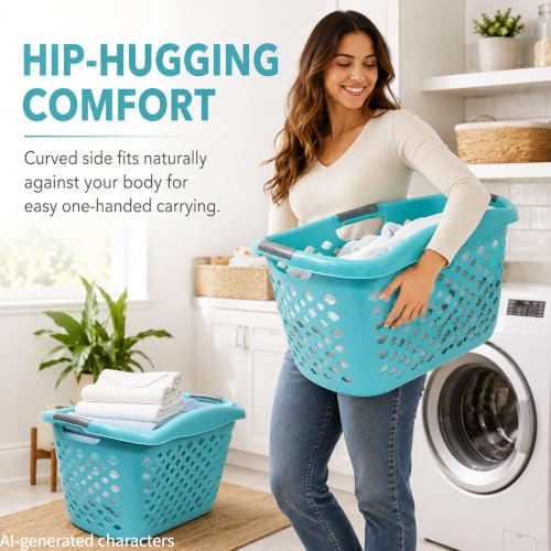 Teal Laundry Basket Set of 2 with 3 Handles, 9.3 Gal - color: Light blue 2pcs