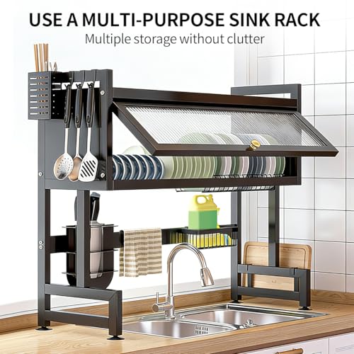Verida Over the Sink Dish Drying Rack 3 Tier, Over Sink Dish Drain Drying Rack for Kitchen Storage of Dishes and Cutlery, Space Saving Dish Rack with Cover, Black