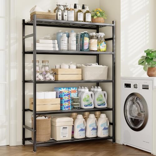 Wide Storage Shelves, 5-Tier Metal Shelving Unit with Leveling Feet, Compact Shelf Organizer for Garage, Kitchen, Pantry and Closet Organization, 36.4" x 11.8" x 68.3", Black - color: Black, size: 36.4" x 11.8" x 68.3"(5T)