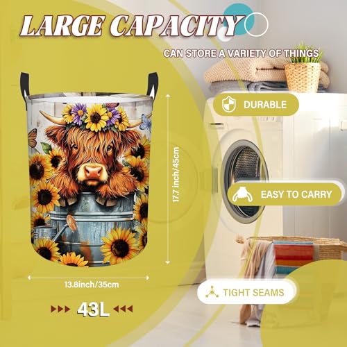 Highland Cow Laundry Basket-13.8x17.7in Sunflower Oxford Laundry Hamper - color: Sunflower Highland Cattle