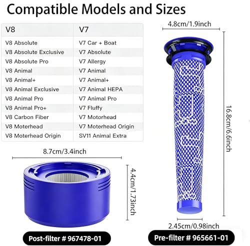 4 Pack Vacuum Filter Replacement Kit Compatible with Dyson V8 V7, Animal Absolute, SV10 Cordless Vacuum Cleaners, 2 Pre-Filters & 2 Post-Filters, Replaces 965661-01 & 967478-01, Washable HEPA - color: V7/V8(2+2)