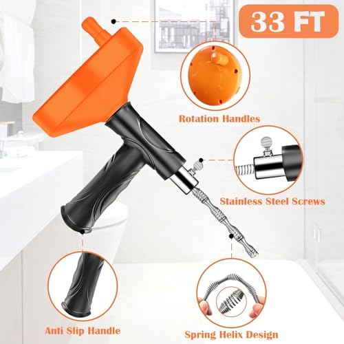 33 Feet Drain Snake Auger, Plumbing Snake Drain Hair Clog Removal Tool, Sink Unclogger Drain, Heavy Duty Drum Auger, Cleaner Tool for Bathroom Kitchen Tub Shower Drain Clog Remover with Gloves,Orange