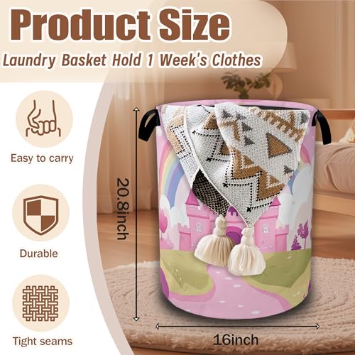 Pink Castle Laundry Basket,Rainbow Princess Laundry Hamper Waterproof Oxford Cloth Tote Collapsible,Clothes Storage Bucket Decorative Toy Organizer For Bathroom Bedroom 16" x 20.8" - color: Pink Castle,Rainbow Princess