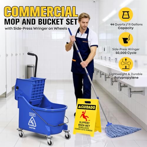 Matthew Cleaning Blue 44Quart Commercial Mop Bucket INCL.Wet String Mop& 19'' Industrial Wet Floor Sign with Side Press Wringer On Wheels,Tandem Portable Floor Cleaning Wavebrake,Ideal for Household - color: Blue, size: 44 Quart (Side Press Wringer)