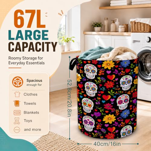 Sugar Skull Flower Laundry Basket,Large Collapsible Portable Round Laundry Hamper with Handles,Oxford Storage Bin for Clothes,Blankets,Bedroom,Bathroom - color: Sugar Skull Flower