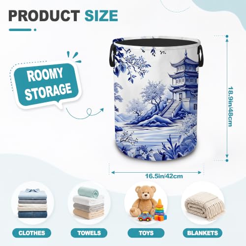 Chinoiserie Pagoda Dirty Clothes Hamper,Foldable Laundry Basket with Handles,Blue White Floral Waterproof Oxford Cloth Storage Bin for Bedroom Bathroom Nursery,16 x 20 Inch - color: Chinoiserie Pagoda,Blue White Floral