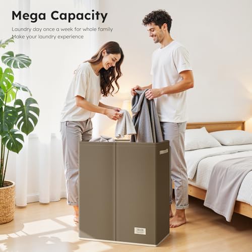 SOLEDI Large Double Laundry Hamper with Lid, Collapsible Clothes Hamper 2 section with Removable Bags, Space-Saving Laundry Basket for Bedroom, Dorm, College - color: Chocolate Brown, size: 145l