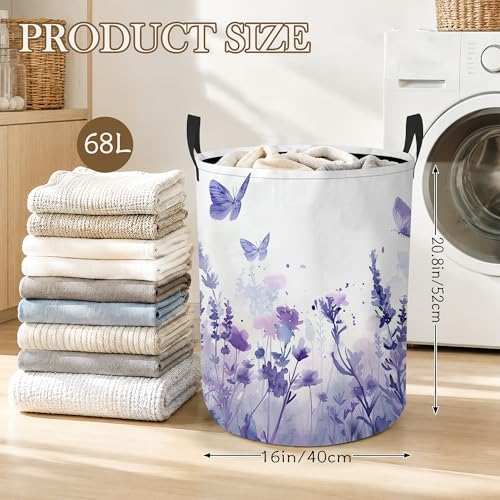 Purple Butterfly Laundry Basket, Foldable Oxford Cloth Lavender Meadow Laundry Hamper with Handles, Tote Bag Clothes Storage Bucket for Laundry Room/Bathroom/Bedroom/Dormitories 20.8"x16" - color: Purple Butterfly