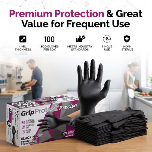 GripProtect Precise Black Nitrile Gloves 4 Mil, Chemical Resistant Gloves - size: Small (100 Count)