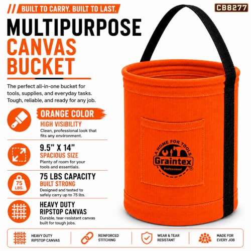 Graintex Canvas Utility Bucket 9.5"x14", Round Tool Bucket, Reinforced Base & Carry Handle, Ripstop Canvas, Ideal Multi-Purpose Bag for Jobsite, Gardening, Home Use, Tool Storage - Orange - color: Orange