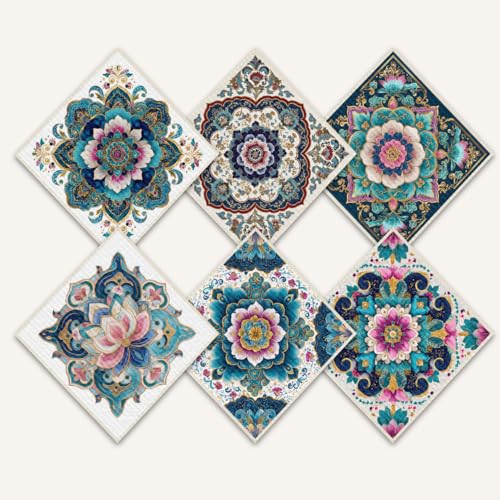 Shwing Swedish Dishcloths for Kitchen 6 Pack Mandala Floral Pattern Reusable Paper Towels Kitchen Towels Dish Cloths for Washing Dishes Washable Quick Drying Absorbent Cleaning Cloths - color: Mandala Floral
