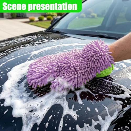 2PCS Microfiber Car Wash Mitts, Double-Sided 5-Finger Dusting Gloves, Anti-Scratch Chenille Drying Towel, Vehicle Interior & Exterior Detailing Tool for Cleaning Wheel Tight Spot (Purple) - color: Purple