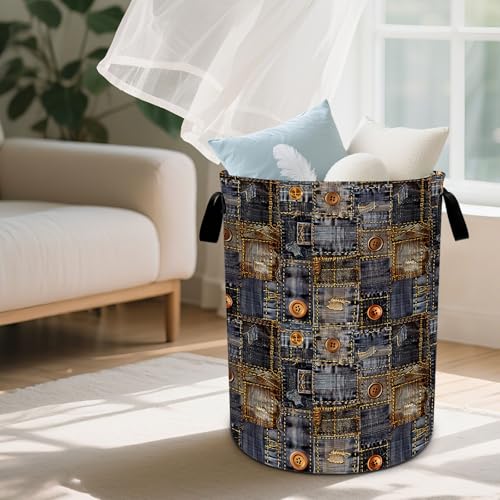Denim Pattern Laundry Basket Waterproof Laundry Hamper Foldable Laundry Bag with Handles for Bedroom, Bathroom, Office, Clothes Storage - color: Denim Pattern