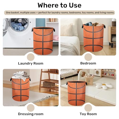 Basketball Laundry Basket with Handles - Extra Large Foldable Hamper for Bathroom/Laundry/Bedroom/Dorm, Washable Fabric Storage Bin - color: Basketball