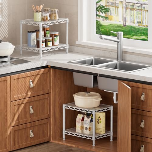 SINGAYE Small Shelves Kitchen Storage Shelf Wire Shelving Metal Adjustable - color: White, size: 2 Tier 11.6"Dx17.6"Wx12"H