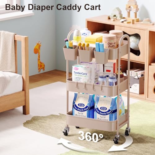 3 Tier Khaki Metal Utility Rolling Cart, Storage Cart with Lockable Wheels - color: Rustic Khaki, size: 3 tier