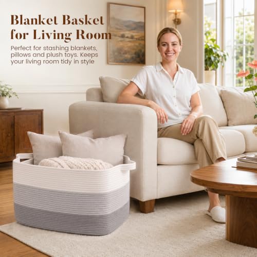 65L Large Woven Blanket Basket for Living Room, 19.7"x15.7"x11.8" - color: Gradient Grey, size: 19.7"x15.7"x11.8"