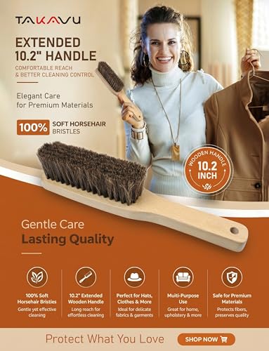 TAKAVU 10.2in Horsehair Hat & Shoe Brush, Long Handle Felt Cleaner