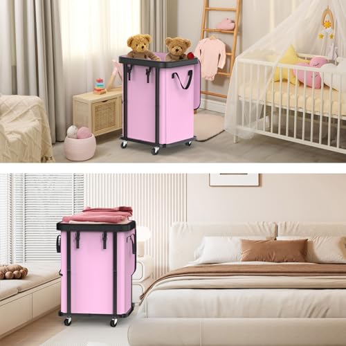 Laundry Basket with Wheels,150L (40 Gal) Rolling Hamper Carts - Pink - color: Pink, size: 1 Section-150L
