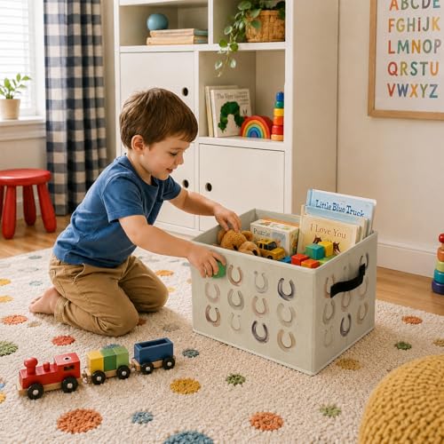 Southwestern Horseshoes Foldable Storage Bins with Handles, Modern Country Cowboy Decorative Storage Basket for Organizing Clothes Tools Books, Rustic Farmhouse Gift for Boys Nursery Bedroom - color: Horseshoes