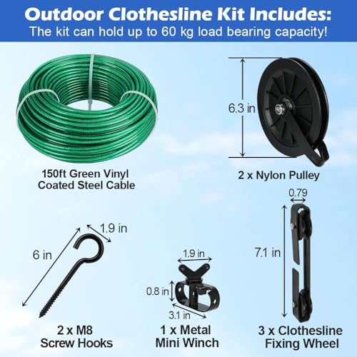 Outdoor Clothesline Kit, 150ft Clothes Line Pulley Kit - size: 150FT Green