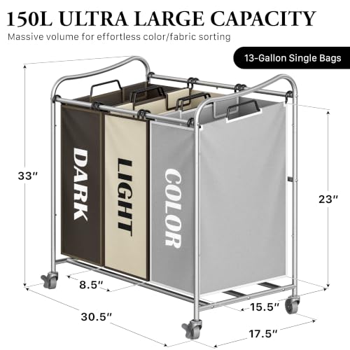 Simple Houseware Heavy Duty 3-Bag Laundry Sorter Rolling Cart, Assorted - color: Silver/Assorted