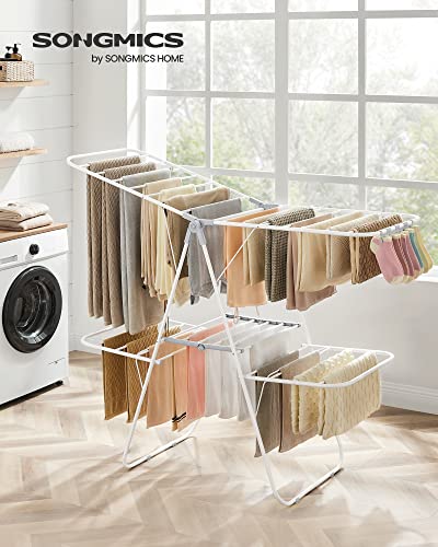 SONGMICS Clothes Drying Rack, Foldable 2-Level Stee Laundry Drying Rack - color: White + Gray, size: 2 Tiers(22"d x 61.8"w x 64.3''h )