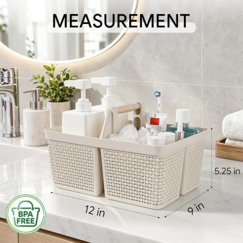 UUJOLY Portable Plastic Shower Caddy Basket with Wooden Handle, Beige - color: Beige
