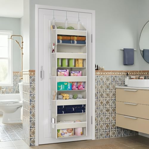 Over the Door Organizer with 5 Front & 10 Mesh Side Pockets, Versatile 5 Shelf Hanging Door Organizer 50lb Capacity Extra Large Storage Space-Saving with 3 Hook for Closet, Kitchen, Pantry, Beige - color: Beige