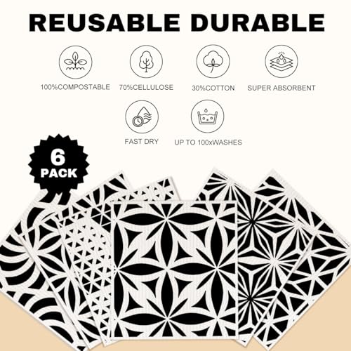 Swedish Dishcloths for Kitchen, 6 Pack Geometric Towels, Washable Absorbent Cellulose Sponge Cloths No Odor, Eco-Friendly Dish Cloths, Kitchen Gifts for Women, Home Kitchen Cleaning - color: Multi 1528