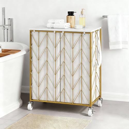 WOWLIVE Double Laundry Hamper with Lid, Rolling Laundry Basket with Wheels - color: Golden, size: 115l(22 X 13 X 26.4 Inches)