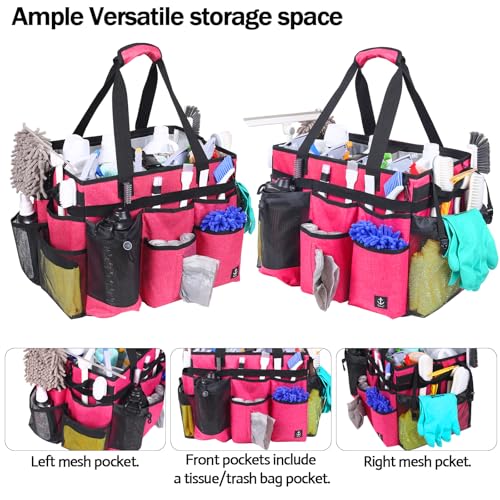 Rolling Cleaning Caddy Bag Built-in Hard Plastic Sheet Detachable Trolley - color: Rose Red