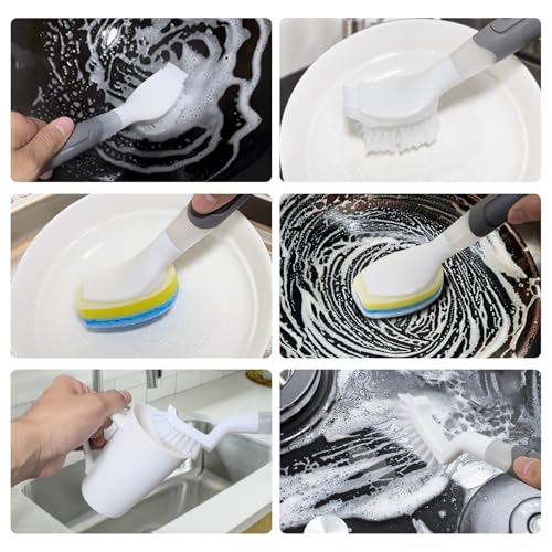 REEWII Dish Brush with soap Dispenser,4 PCS Replacement Brush Refills dishwashing Brush Set for Kitchen Utensils, Pans, Sinks, cookware