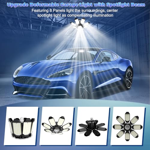 Garage Lights - Super Bright 250W LED Garage Ceiling Light w/ 8 Deformable Panels 6500K Led Light Bulb Srew in E26/E27 Socket with Adjustable Center Spotlight for Barn Workshop Attic - 4Pack - size: 250W - 4Pack