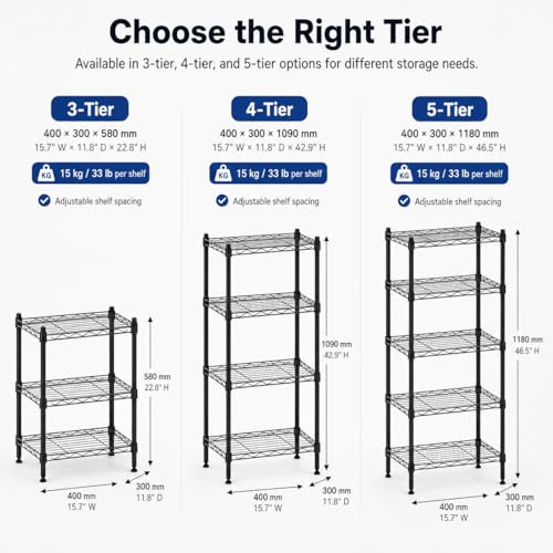 4 Tier Storage Shelves, Metal Wire Shelving Unit, Heavy Duty Adjustable Shelf Rack for Pantry, Kitchen, Garage and Laundry Room, Black - size: M-4