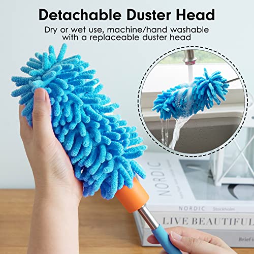 Duster for Cleaning, 10-29" Extension Pole, 2 Washable Heads, Blue - color: Blue, size: 2 Attachments