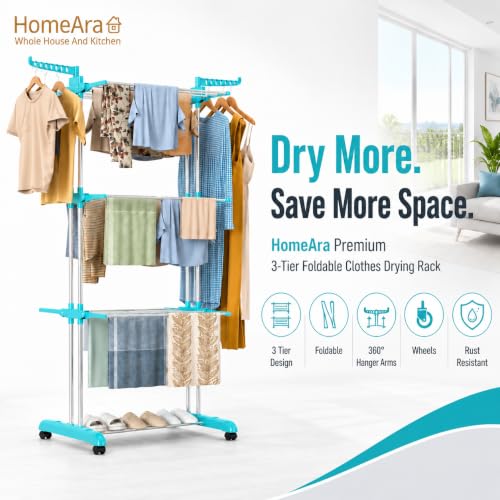 Clothes Drying Rack, 3-Tier Folding Stainless Steel Laundry Rack with Side Wings Indoor & Outdoor Use Space-Saving Design (Blue) Large ABS Steel