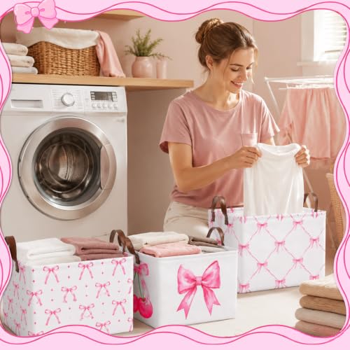 3 Pcs Pink Bow Storage Baskets for Gifts Empty Large, Coquette Room Decor, Toys Books Laundry Basket for Girls, Collapsible Canvas Fabric Pink Storage Bins With Handle for Bedroom Bathroom Nursery