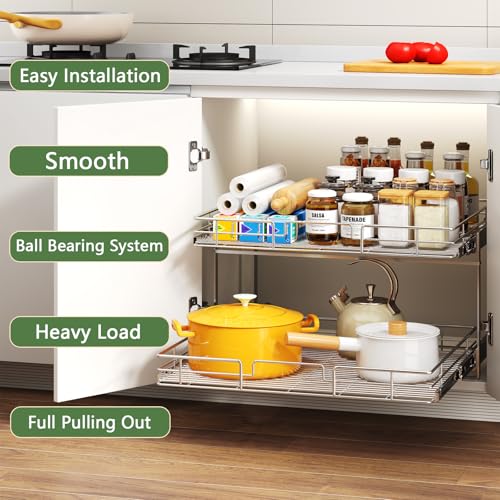 2 Tier Individual Pull Out Cabinet Organizer 25½" W x 21½" D, Heavy Duty Cabinet Pull Out Shelves, Slide Out Drawers Organization for Kitchen Cabinets Bathroom - color: 2 Tier, size: 25½"W x 21½"D