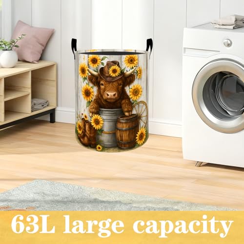 Highland Cow Laundry Basket with Handles, Rustic Sunflower Foldable Clothes Hamper, Vintage Western Waterproof Oxford Cloth Storage Bin Gifts Decor for Bedroom Bathroom Closet, 19.7"X15.7" - color: Highland Cow