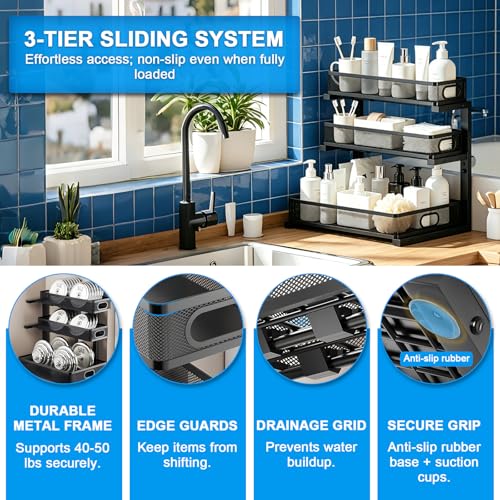 Thickened Meta 3-Tier Pull Out Under Sink Organizer 2 Pack - color: black 3-tier Under Sink Organizer-2p