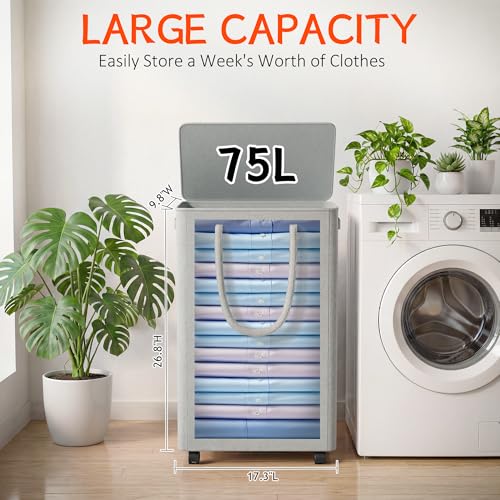 Slim Laundry Hamper with Wheels,20 Gal (75L) Rolling Laundry Basket with lid and wheels Clothes Hamper Foldable Tall Dirty Clothes Basket Sturdy Collapsible Clothes Hamper for Dorm,Laundry Room - color: Grey, size: 75L (17.3"L x 9.8"W x 26.8"H)