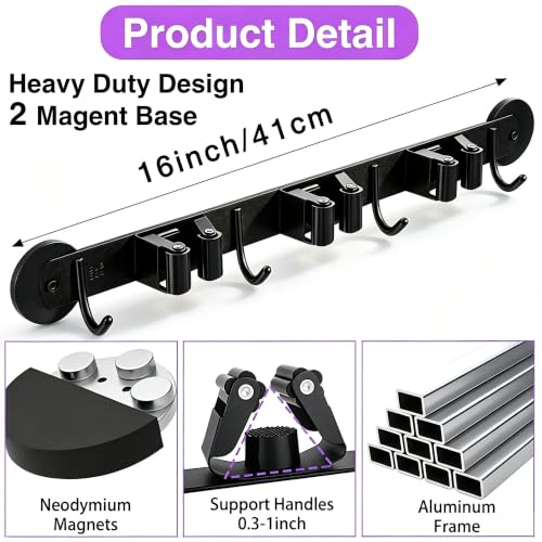 Magnetic Broom Holder Wall Mount - Heavy Duty Non-Slip Mop Hanger with 4 Hooks And 3 Rack, No Drill Tool Organizer for Refrigerator,Garage,Laundry Room (Black, 3Racks 4Hooks)