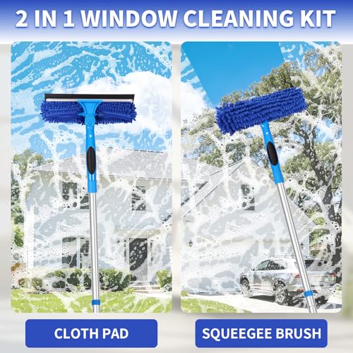 109" Window Cleaning Squeegee Kit, Professional 2 in 1 Squeegee Window Cleaner with Extension Pole, Window Washing Kit with 2 Blade 2 Pads for Indoor & Outdoor High Windows Car Glass - color: Blue