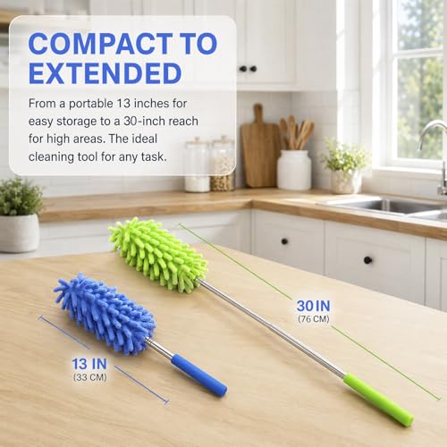 2 Pack Microfiber Duster for Cleaning, Hand Washable Dusters, Extendable Pole, Detachable Cleaning Supplies for Car, Ceiling Fan, Window, Furniture, Office