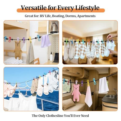Travel Clothesline Retractable Portable Clothesline with 12 Clips Portable Elastic Camping Clothes Line with Anti-Slip Beads & Stainless Hooks for Hotel, RV, Boat, Outdoor Use (1 Pack) - size: 1 Pack