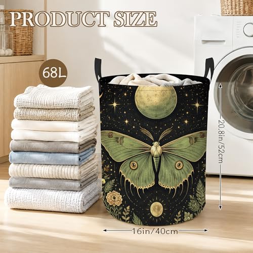 Boho Moon Moth Laundry Basket, Foldable Oxford Cloth Floral Crescent Laundry Hamper with Handles, Tote Bag Clothes Storage Bucket for Laundry Room/Bathroom/Bedroom/Dormitories 20.8"x16" - color: Boho Moon Moth